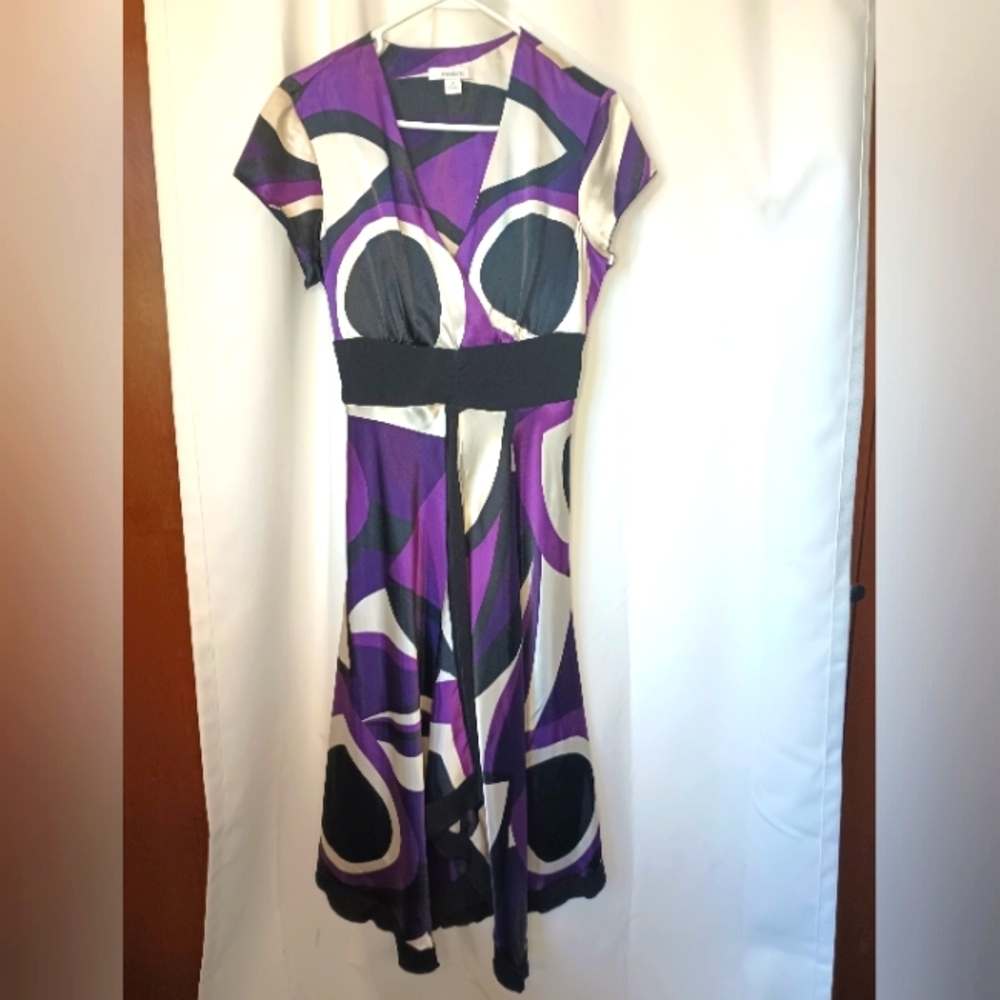 Dressbarn Y2K Artsy Asymmetric Babydoll Dress Size 8 Purple Satin Eclectic Party